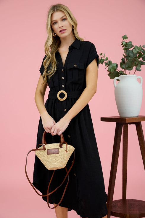 COLLARED BELTED MIDI DRESS